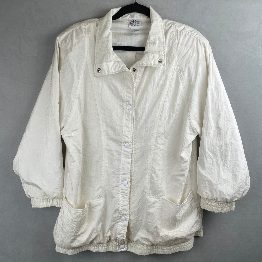 Haband For Her Vintage 90s Crinkle Nylon Windbreaker Jacket Ivory White Sporty M